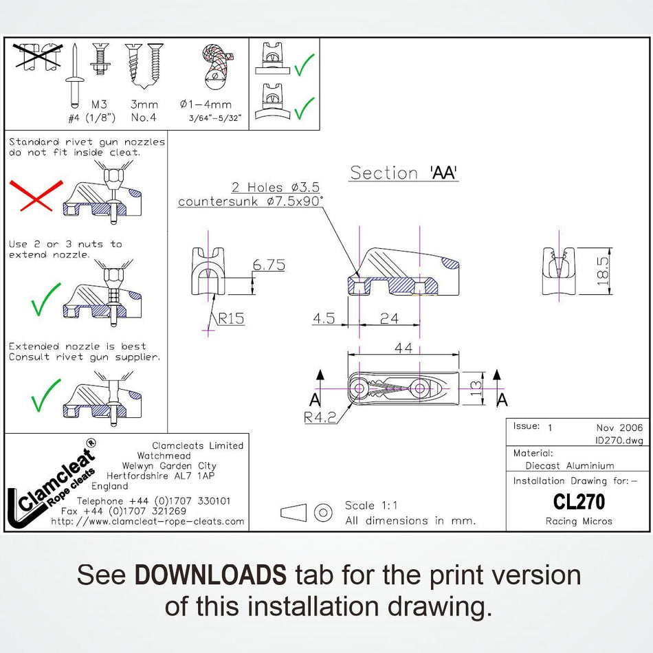Clamcleat CL270AN Micros 1-4 mm – Offene Seilklemme Alu eloxiert