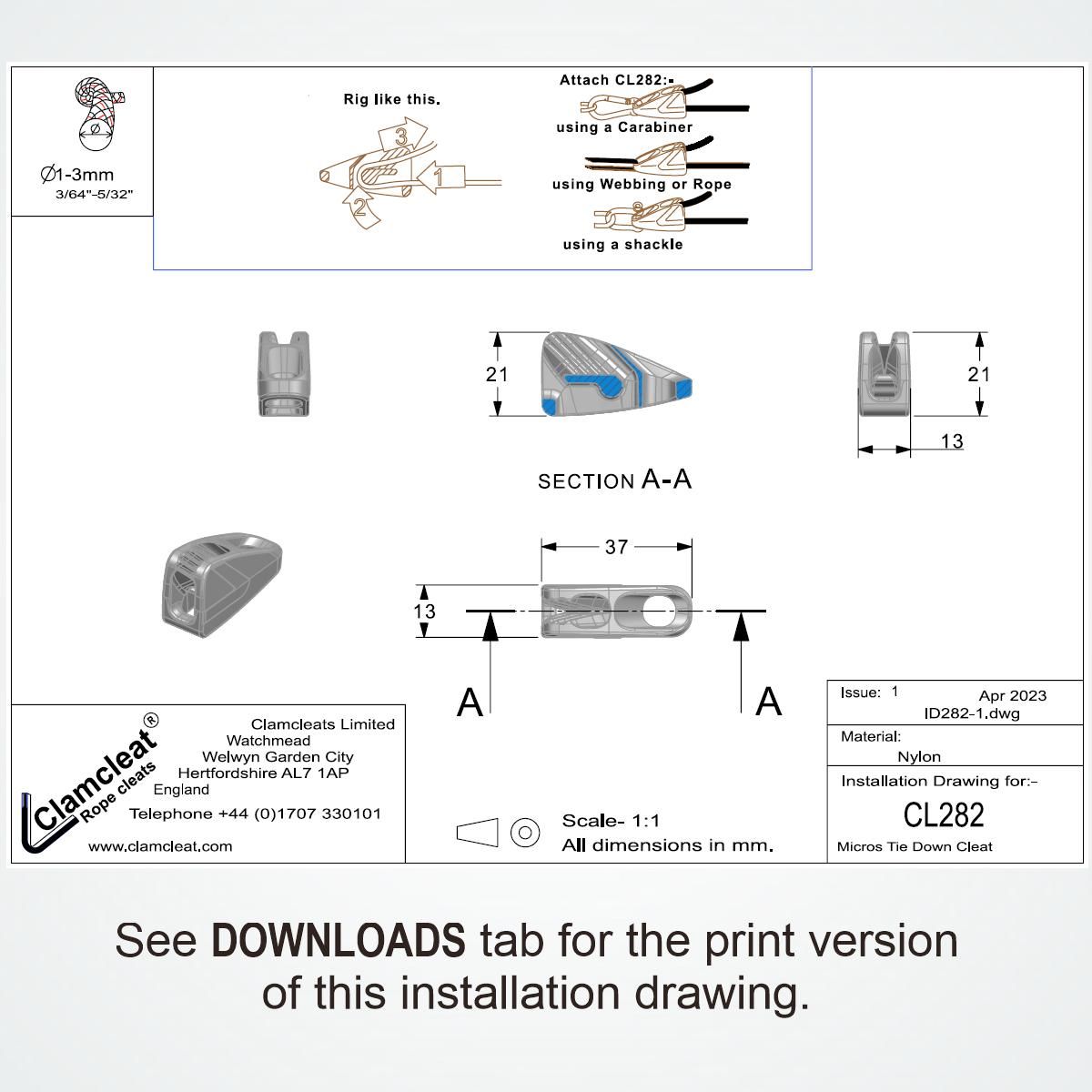 CL282 Tie-down Micros Klemme Clamcleat Nylon schwarz 1-3mm