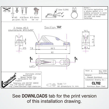 Clamcleat® CL702AN Baumklemme 3-6 mm - Harteloxiertes Aluminium mit Leitöse