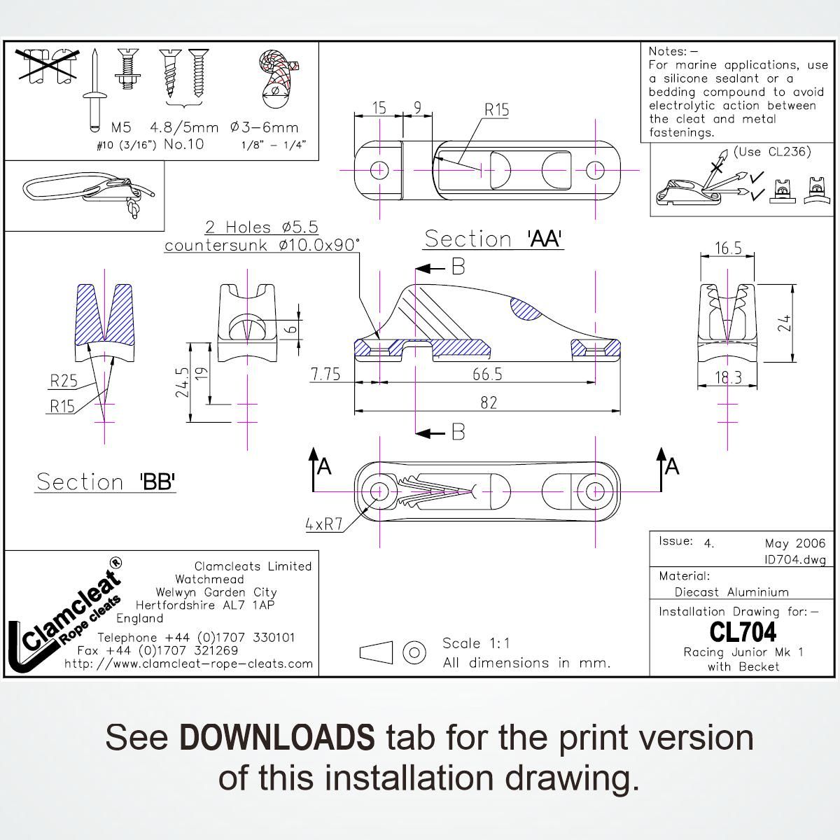 Clamcleat® CL704 Racing Junior Mk1 Curryklemme 3-6 mm - Aluminium mit Leitöse