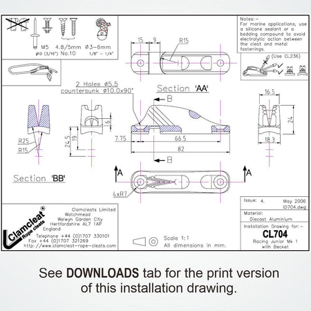 Clamcleat® CL704 Racing Junior Mk1 Curryklemme 3-6 mm - Aluminium mit Leitöse