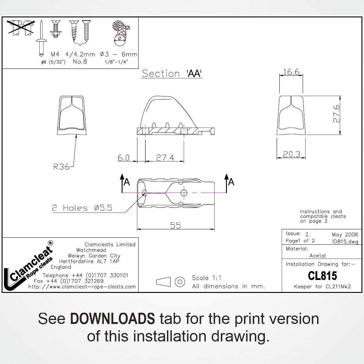 Clamcleat® CL815-SB Keeper für Racing Junior Mk2 - Acetal Halter für CL211-II
