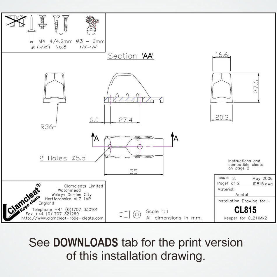 Clamcleat® CL815-SB Keeper für Racing Junior Mk2 - Acetal Halter für CL211-II