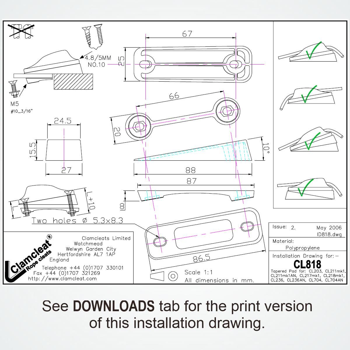 Clamcleat® CL818-SB Schrägsockel mit Gegenplatte - PP Tapered Pad für CL203 & Mk1 Juniors