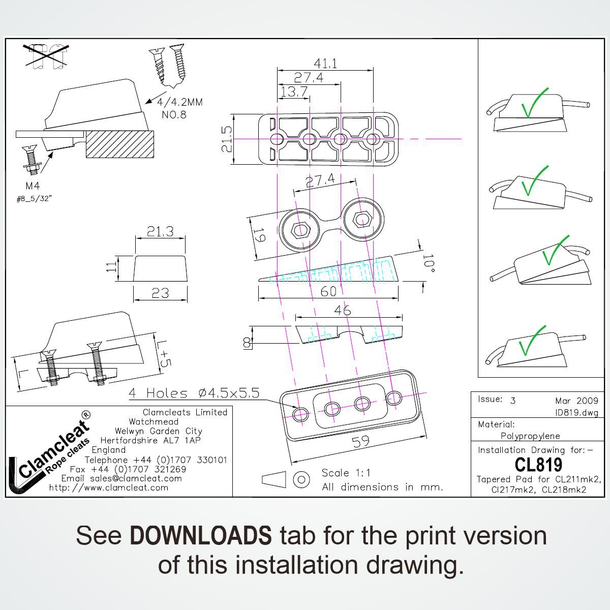 Clamcleat® CL819-SB Schrägsockel mit Gegenplatte - PP Tapered Pad für CL211-II & CL211AN-II