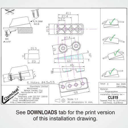 Clamcleat® CL819-SB Schrägsockel mit Gegenplatte - PP Tapered Pad für CL211-II & CL211AN-II