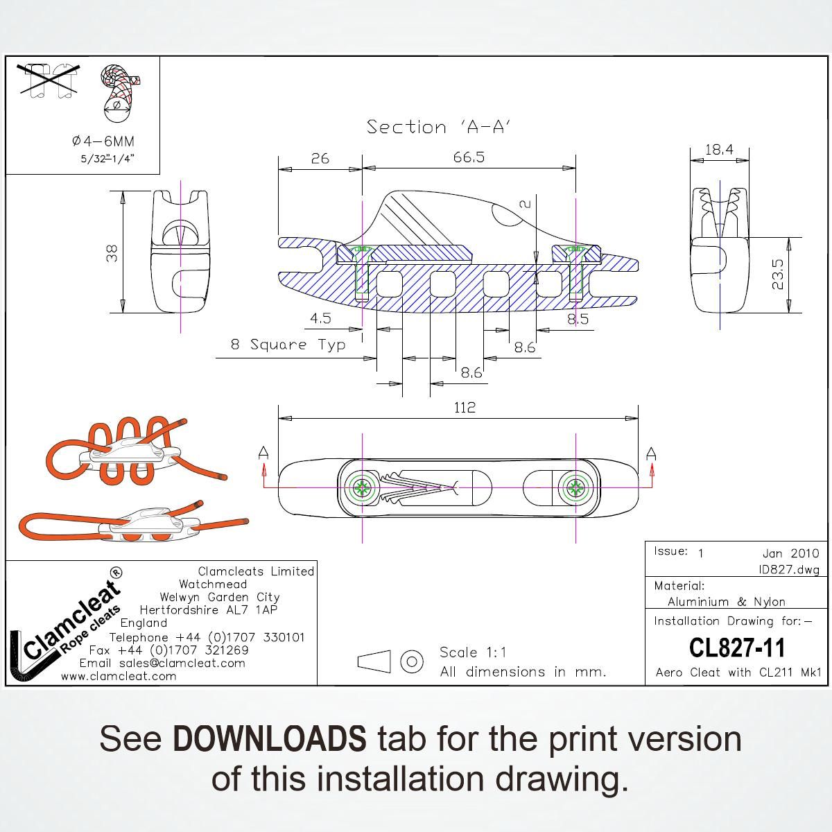 CL82711AN Tauklemme Clamcleat Alu harteloxiert mit CL211AN-I 4-6mm