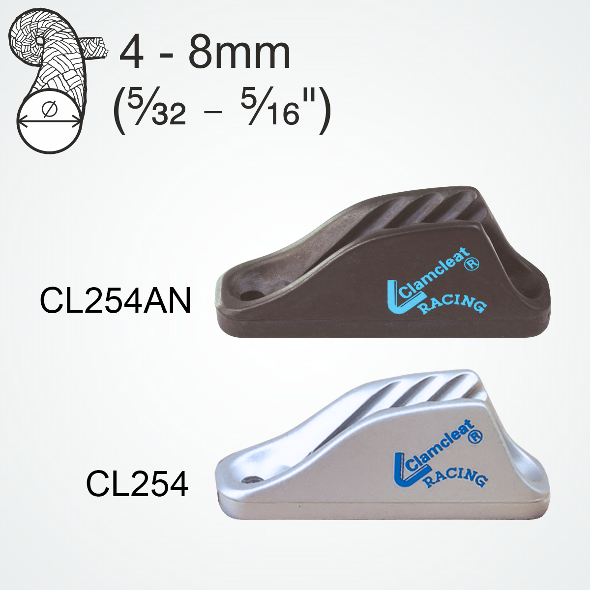 Clamcleat® CL254AN Racing Midi 4-8 mm - Harteloxiertes Aluminium Tauklemme
