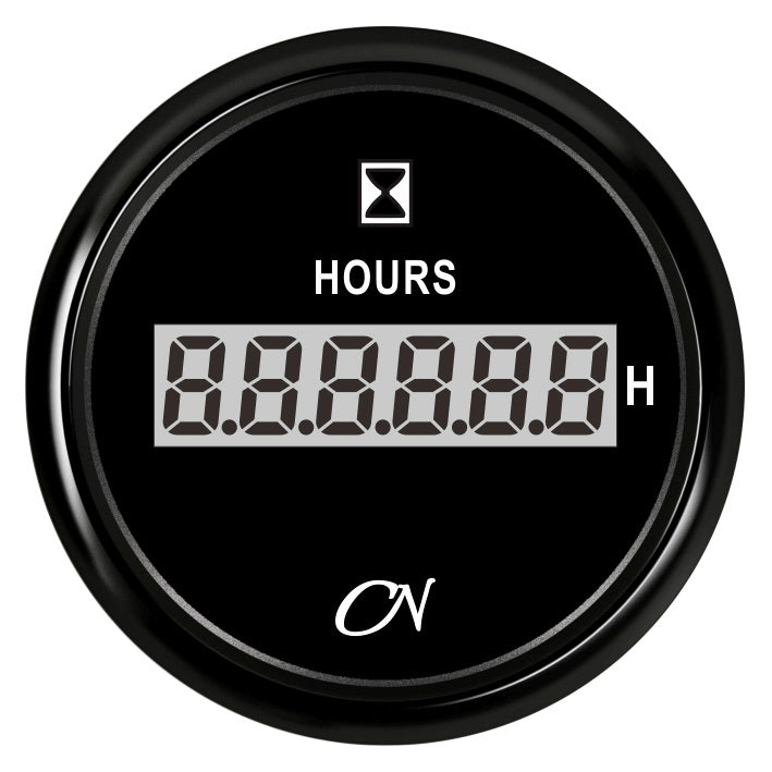 CN Betriebsstundenzähler digital 57mm 12/24V 0-99999,9h - Schwarz Weiß Chrom