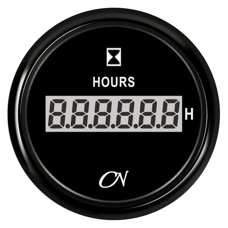 CN Betriebsstundenzähler digital 57mm 12/24V 0-99999,9h - Schwarz Weiß Chrom