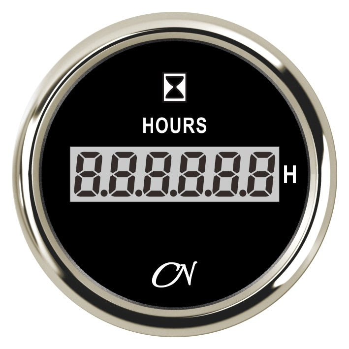 CN Betriebsstundenzähler digital 57mm 12/24V 0-99999,9h - Schwarz Weiß Chrom