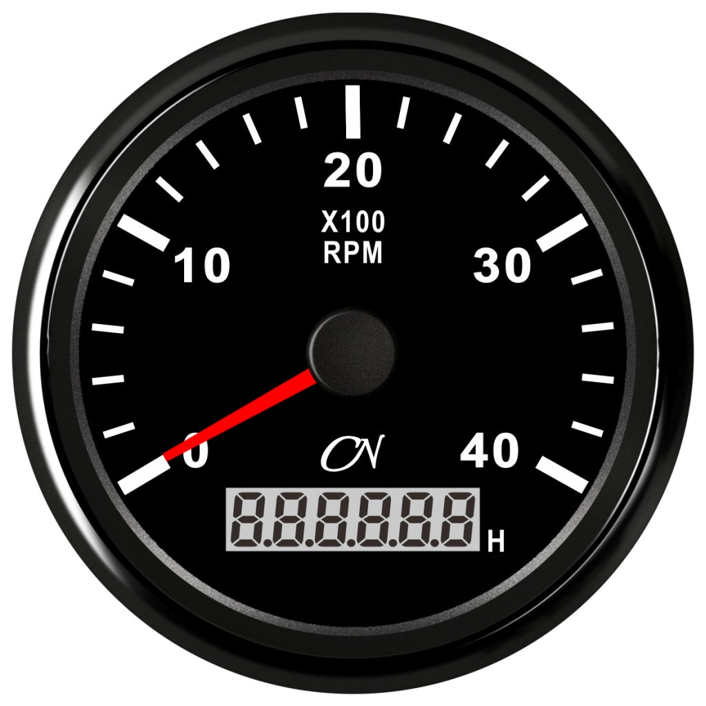 CN Drehzahl-Anzeige digital mit Betriebsstundenzähler 96mm 12/24V 0-4000 U/min - Schwarz Weiß Chrom schwarz