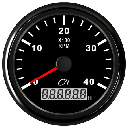 CN Drehzahl-Anzeige digital mit Betriebsstundenzähler 96mm 12/24V 0-4000 U/min - Schwarz Weiß Chrom schwarz