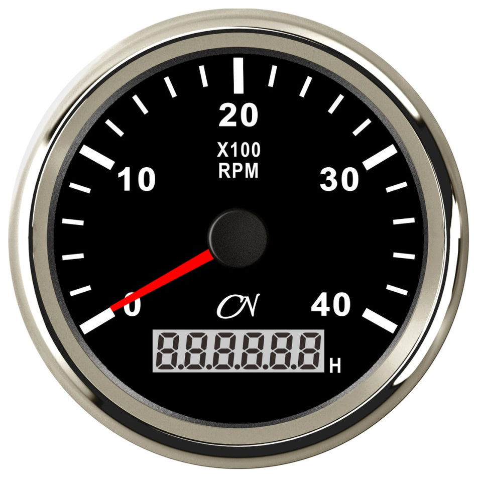 CN Drehzahl-Anzeige digital mit Betriebsstundenzähler 96mm 12/24V 0-4000 U/min - Schwarz Weiß Chrom schwarz chrom