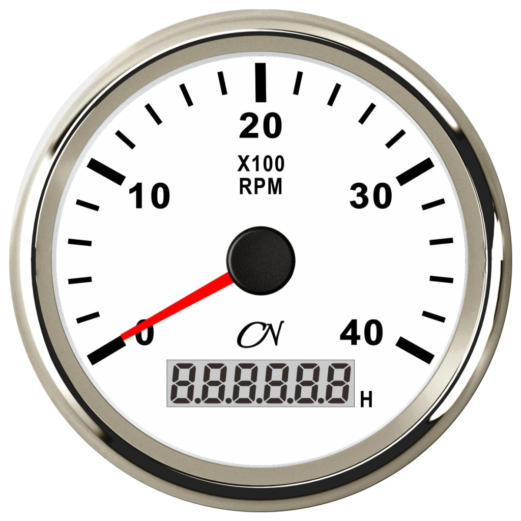 CN Drehzahl-Anzeige digital mit Betriebsstundenzähler 96mm 12/24V 0-4000 U/min - Schwarz Weiß Chrom weiß
