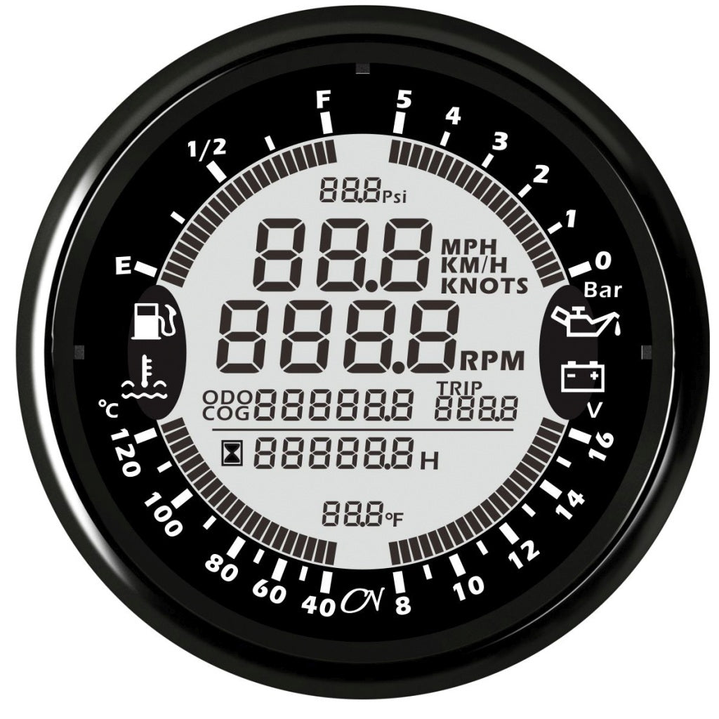 CN Multi-Anzeige 6 in 1 Multimeter 96mm 12/24V - Schwarz Weiß Chrom schwarz