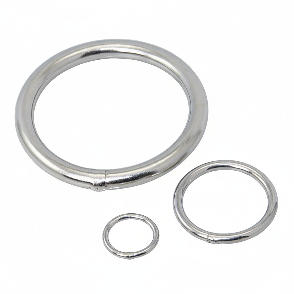 Edelstahl-Rundringe A2 – drei Größen auf weißem Hintergrund: großer Ring Øi 75 mm, mittlerer Ring Øi 40 mm, kleiner Ring Øi 20 mm