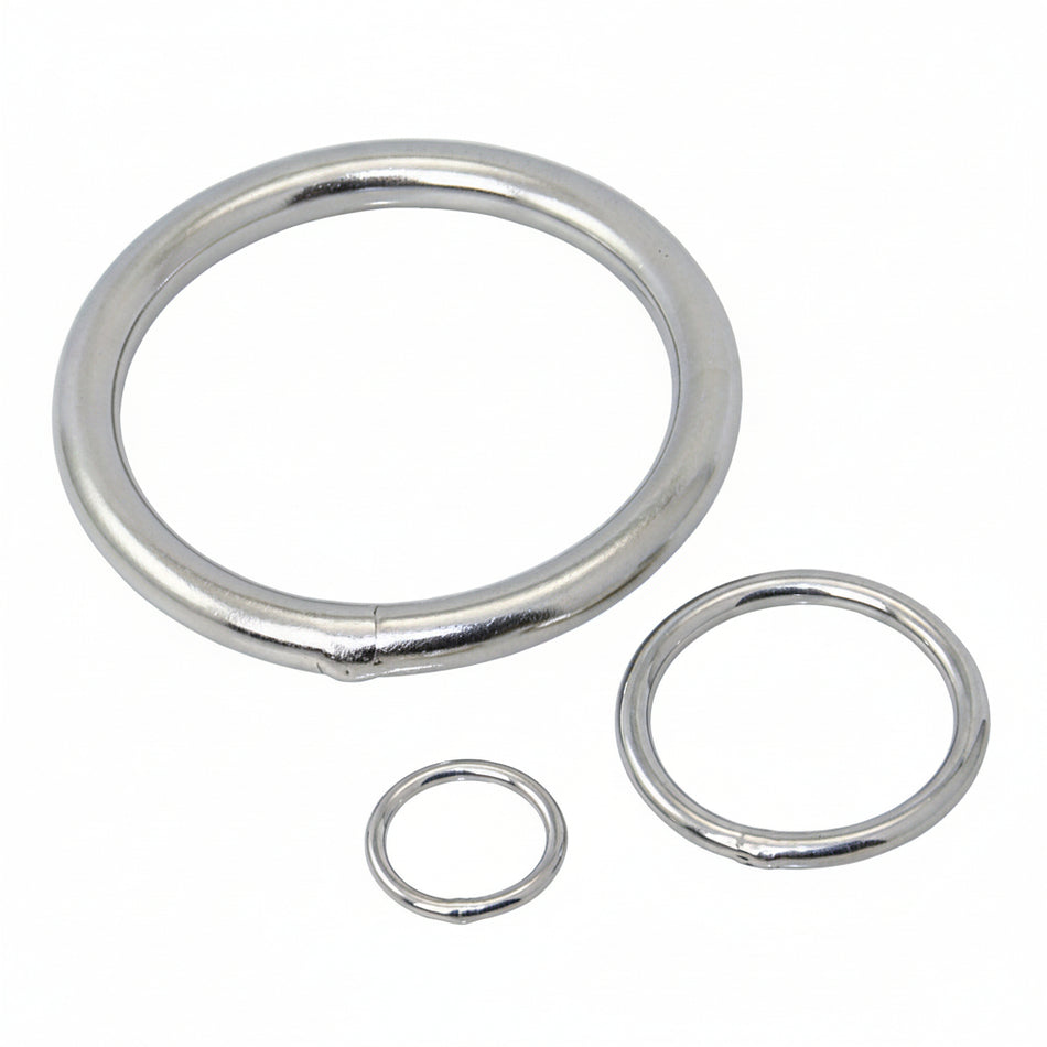 Edelstahl-Rundringe A2 – drei Größen auf weißem Hintergrund: großer Ring Øi 75 mm, mittlerer Ring Øi 40 mm, kleiner Ring Øi 20 mm