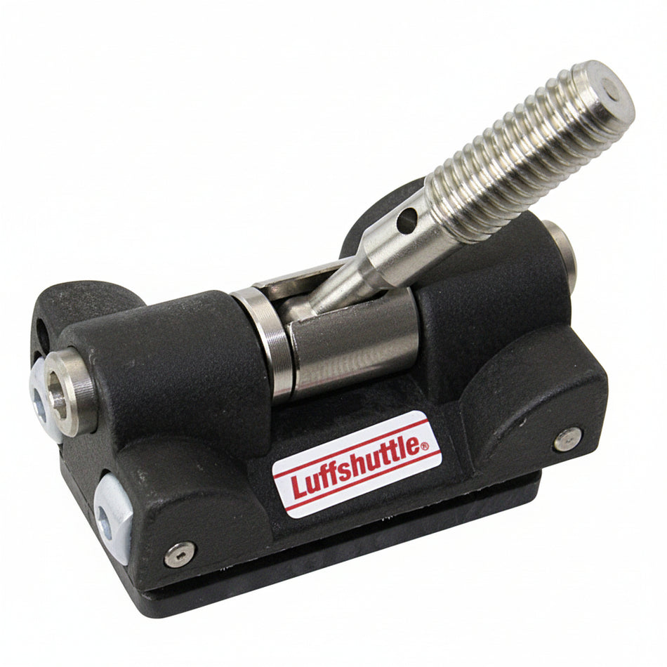 LUFFSHUTTLE CT1240 BATTSHUTTLE – Schrägansicht mit 10 mm Edelstahl-Gewindezapfen, Kugelgelenk sichtbar, schwarzes Gehäuse mit Luffshuttle-Logo