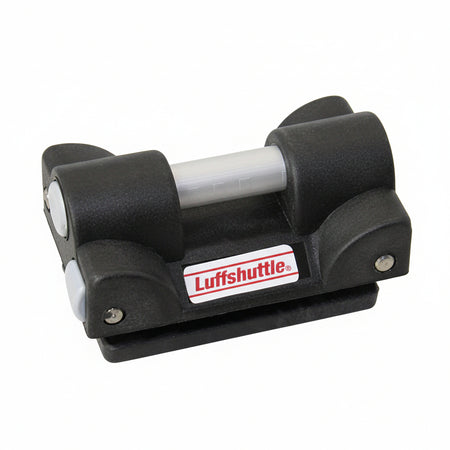 LUFFSHUTTLE CT1250 INTERSHUTTLE Zwischenrutscher – Frontansicht, schwarzes Kunststoffgehäuse mit Luffshuttle-Logo und zwei seitlichen Rollen, weißer Hintergrund