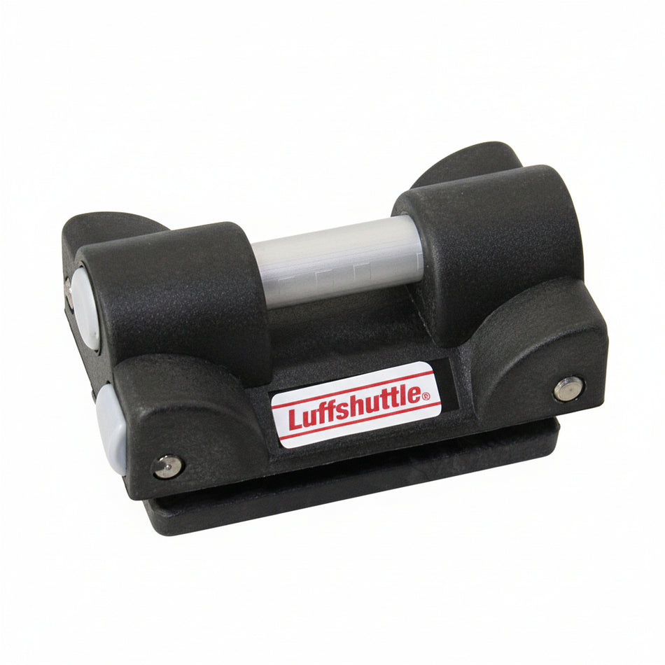 LUFFSHUTTLE CT1250 INTERSHUTTLE Zwischenrutscher – Frontansicht, schwarzes Kunststoffgehäuse mit Luffshuttle-Logo und zwei seitlichen Rollen, weißer Hintergrund