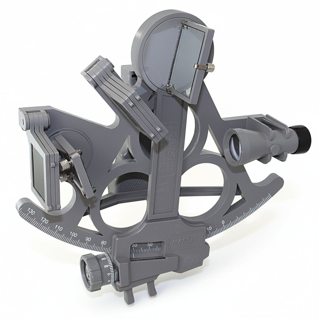 Davis Micromaster Mark 25 De Luxe DA025 – Vollsicht-Sextant aus glasfaserverstärktem Kunststoff grau, 178 mm-Gradskala 0–130°, Teleskop mit 3-facher Vergrößerung, 7 Sonnenfilter, LED-Beleuchtung, weißer Hintergrund