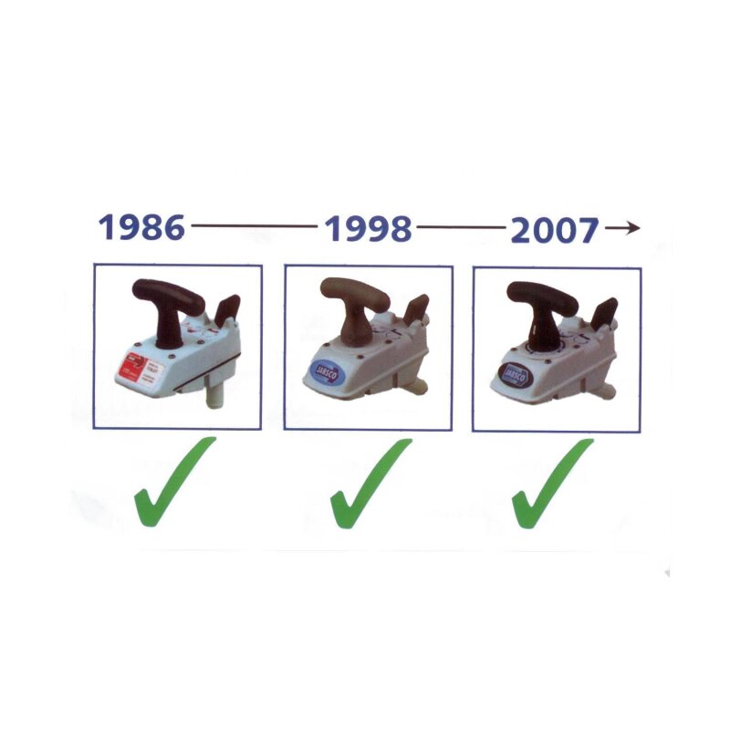 Übersicht dreier manueller JABSCO Toilettenpumpen mit den Jahresangaben 1986, 1998 und 2007 sowie jeweils einem grünen Häkchen unter den Abbildungen.