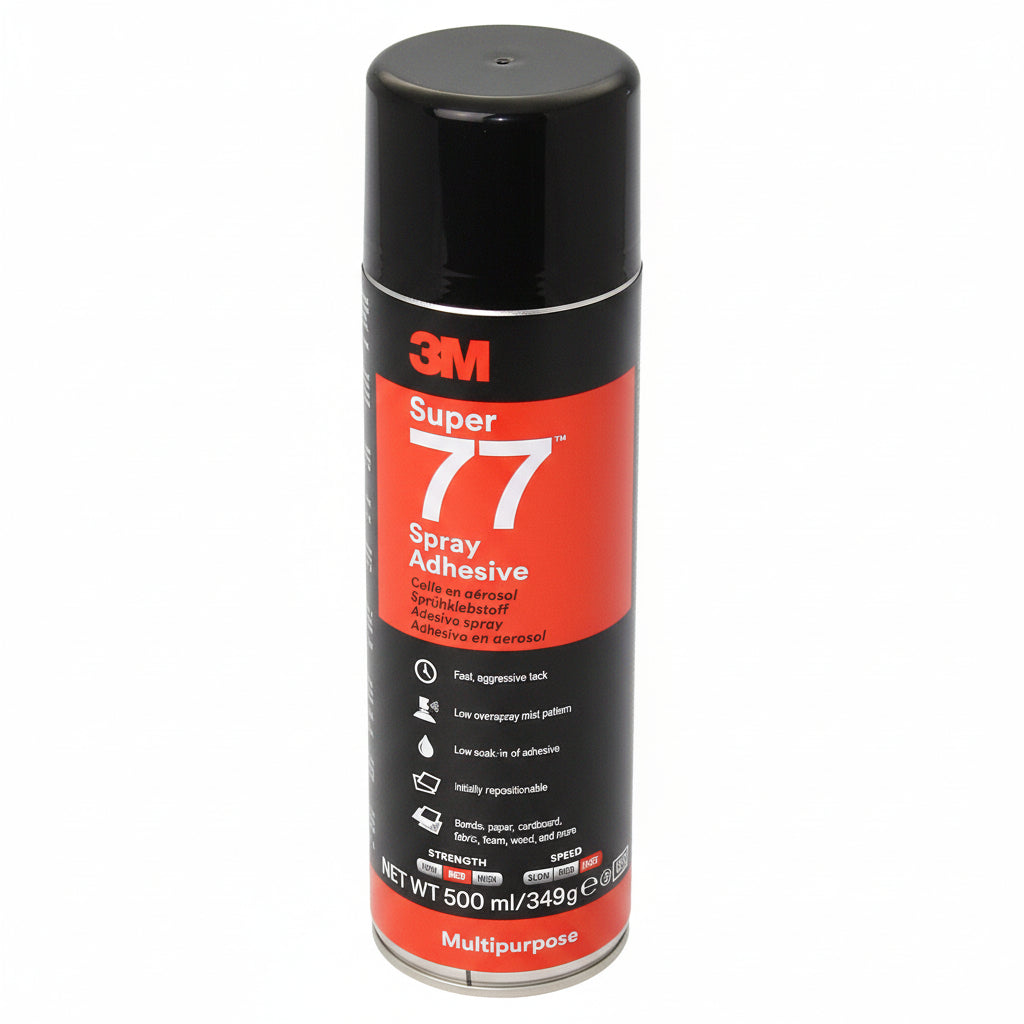 3M Super 77 Spray Adhesive Sprühkleber 500 ml – Mehrzweck-Klebstoff in schwarzer Spraydose, DM77, Produktfoto auf weißem Hintergrund