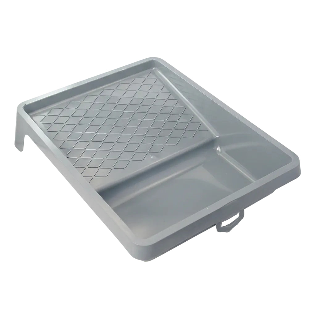 Farbwanne groß DN46222 – grau, recycelter Kunststoff, 25 x 32,5 cm, mit geriffelte Abstreifgitter, Schrägansicht