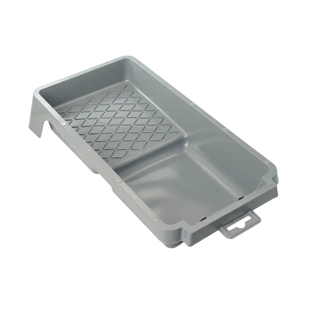 Farbwanne klein DN46223 – grau, recycelter Kunststoff, 15 x 30,5 cm, mit geriffelte Abstreifgitter, Schrägansicht