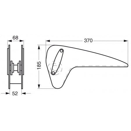 Maßzeichnung Bugrollenbeschlag EK11997A für M-Anker – Edelstahl 1.4301, Abmessungen: L 370 mm, B 185 mm, T 68 mm, Breite 52 mm