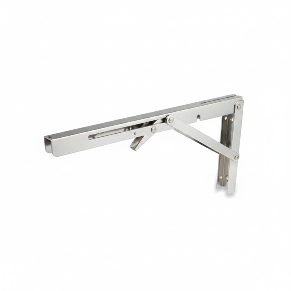 Wandhalter klappbar EK21325 aus elektropoliertem Edelstahl 1.4301 – Armbreite 305 mm, Höhe 165 mm, Breite 32 mm, mit Einrastfunktion und Entsperrhebel
