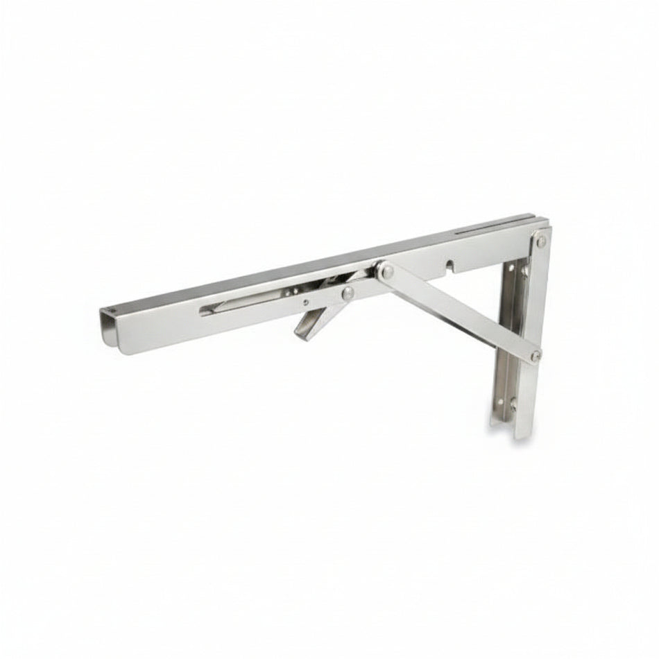 Wandhalter klappbar EK21325 aus elektropoliertem Edelstahl 1.4301 – Armbreite 305 mm, Höhe 165 mm, Breite 32 mm, mit Einrastfunktion und Entsperrhebel