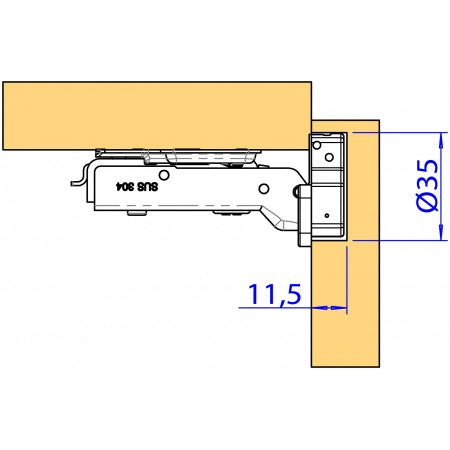 Topfscharnier mit Soft-Close Dämpfung Edelstahl A2 - Topfband 35mm 98° halb vorliegend