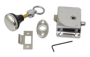 Aufbau-Türschloss Messing verchromt mit Drehknauf - Boot 94x55mm