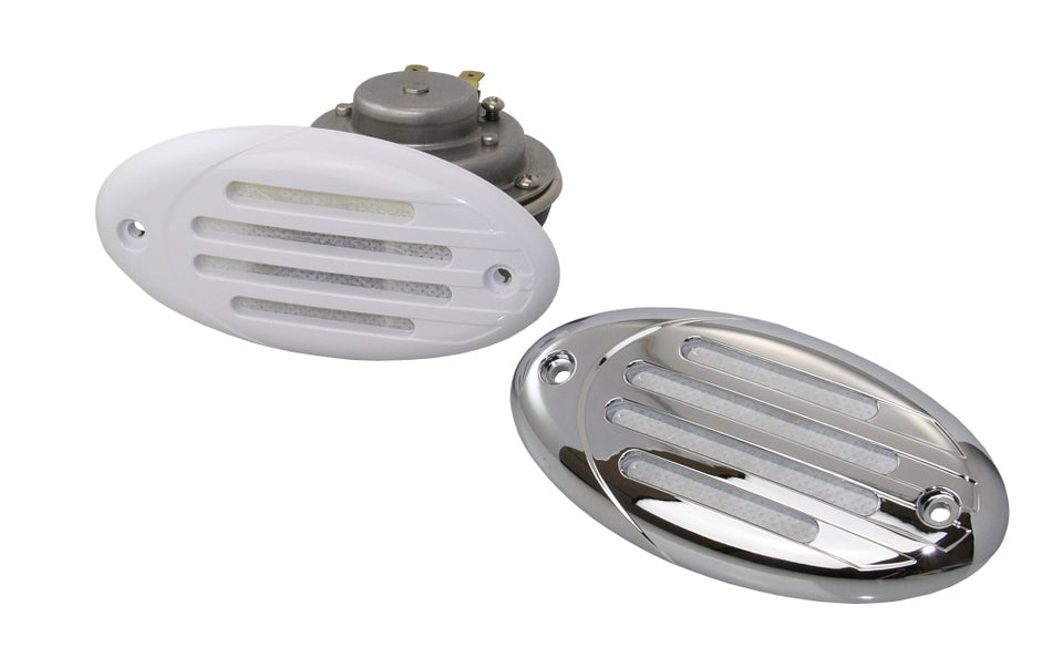 Drop-In Hidden Horn Einbau 12 V – 114 dB – Weiß/Chrom – 410 Hz