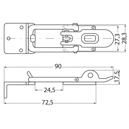 Spannverschluss mit Hakenplatte 90° Messing verchromt 90mm