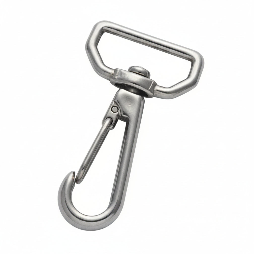 Gurtbandhaken Edelstahl 1.4401 FK6825 – mit Wirbel, für 25mm Gurtband, La 65mm, Ø 10mm