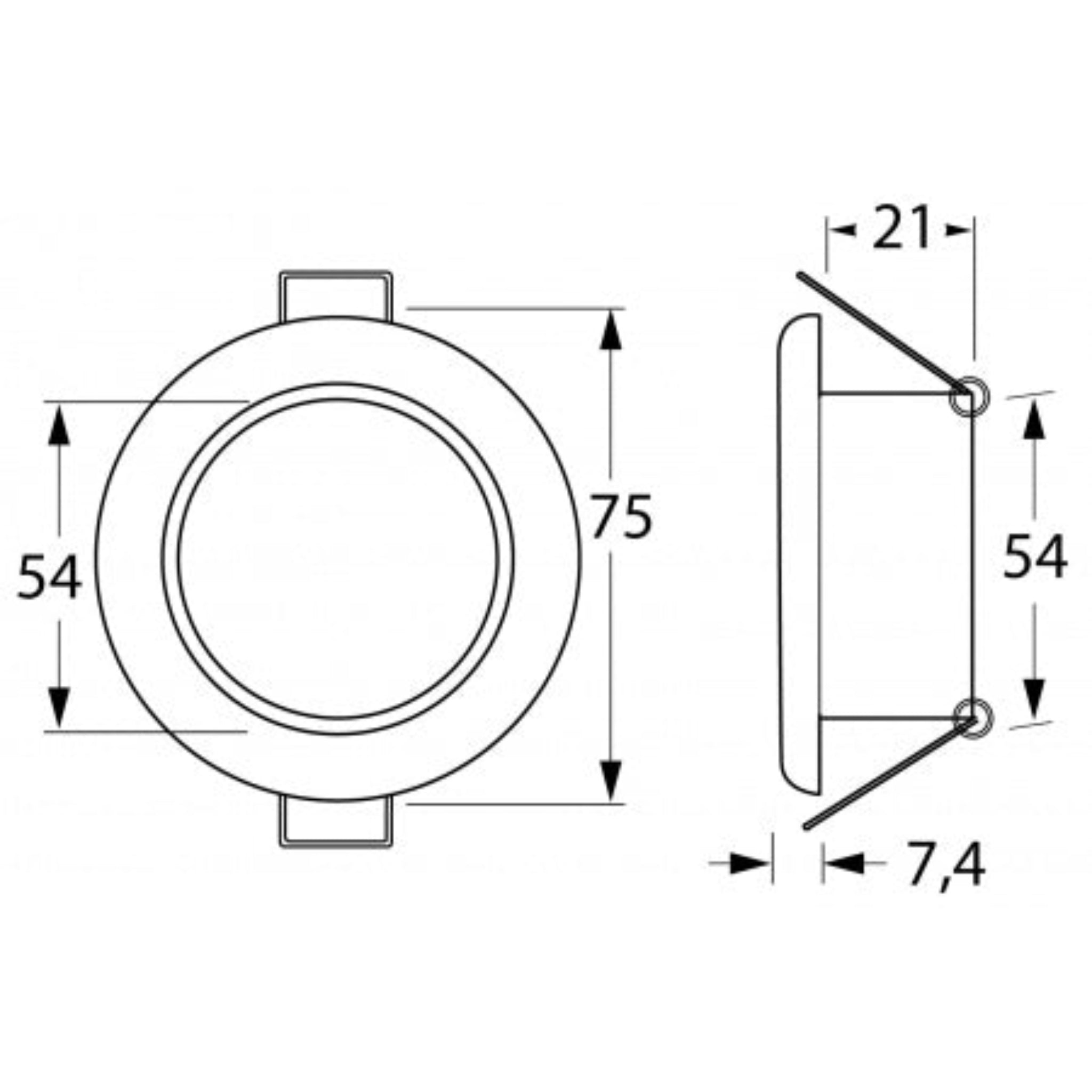 HELLA Marine APELO EuroLED 75 RGB – Maßzeichnung: Außendurchmesser 75 mm, Einbaudurchmesser 54 mm, Einbautiefe 7,4 mm, Gesamthöhe 21 mm
