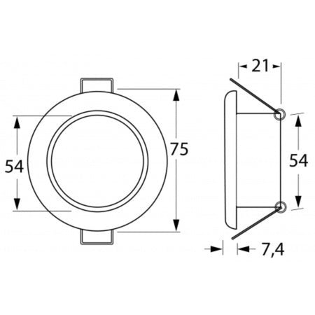 HELLA Marine APELO EuroLED 75 RGB – Maßzeichnung: Außendurchmesser 75 mm, Einbaudurchmesser 54 mm, Einbautiefe 7,4 mm, Gesamthöhe 21 mm
