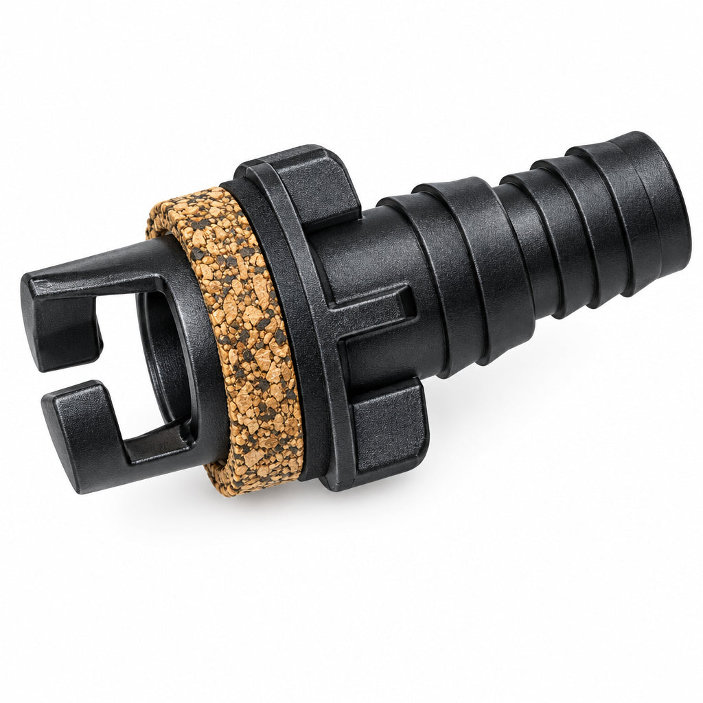 BRAVO Bajonett-Adapter LP0118SP aus schwarzem Kunststoff mit Korkdichtung, Bajonettverschluss und konisch abgestuftem Schlauchanschluss für BRAVO Hand- und Fußpumpen