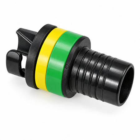 BRAVO Bajonett-Adapter LP0138SP aus schwarzem Kunststoff mit gelbem und grünem Farbring, Bajonettverschluss und Schlauchanschluss für BRAVO Ventile 2001, 04, 05 und HR