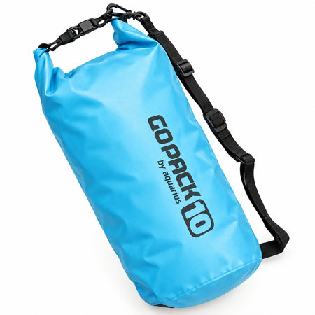 GOPACK Seesack LX10010N 10 Liter in Hellblau aus wasserdichtem PVC mit Rollverschluss, Karabinerhaken und verstellbarem Schultergurt