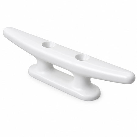 Belegklampe aus weißem Nylon mit abgerundeten Hörnern und zwei gesenkten Befestigungsbohrungen, Seitenansicht