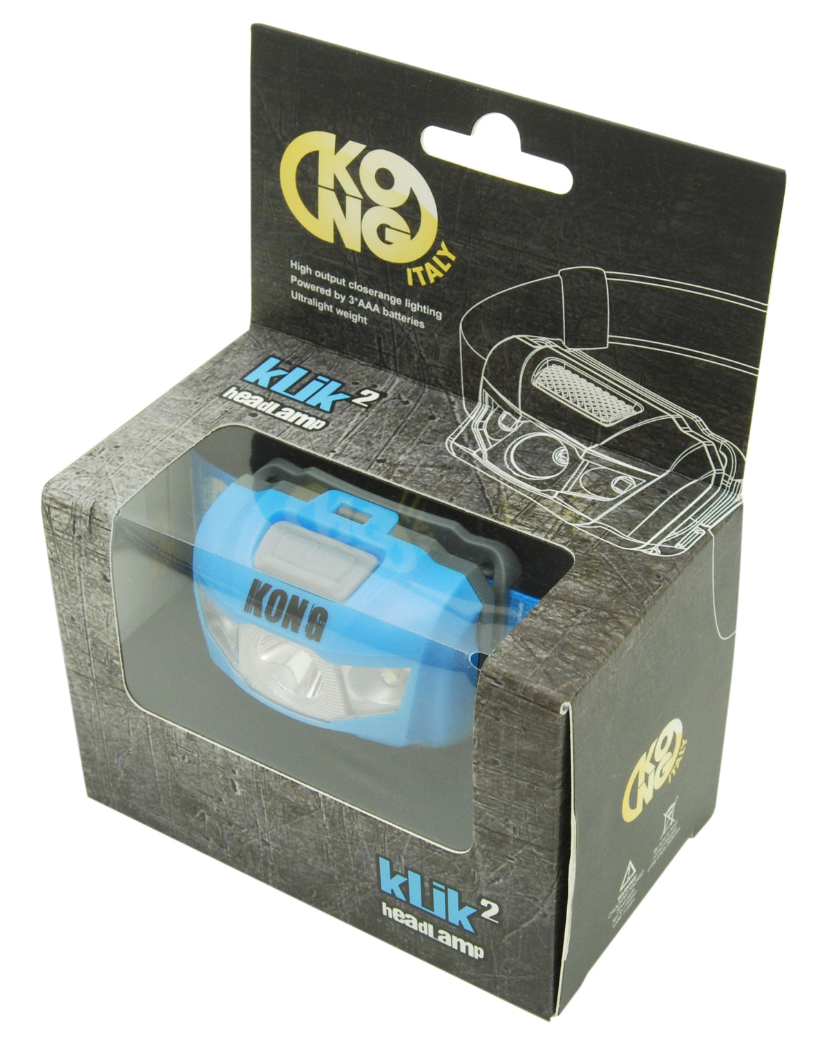 KONG KLIK2 Stirnlampe in blauer Ausführung in der Originalverpackung, mit Angaben zu 3 AAA-Batterien und gebündeltem Licht