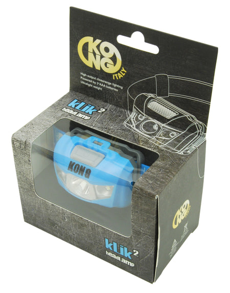 KONG KLIK2 Stirnlampe in blauer Ausführung in der Originalverpackung, mit Angaben zu 3 AAA-Batterien und gebündeltem Licht