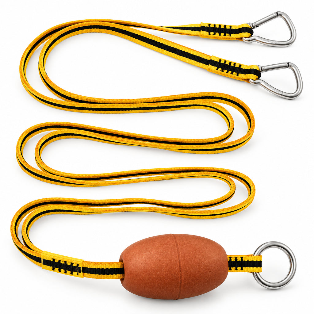 KONG TORA Schleppsystem mit zwei orange-schwarzen Nylon-Gurten, Edelstahlkarabinern, Schleppring und Schwimmer
