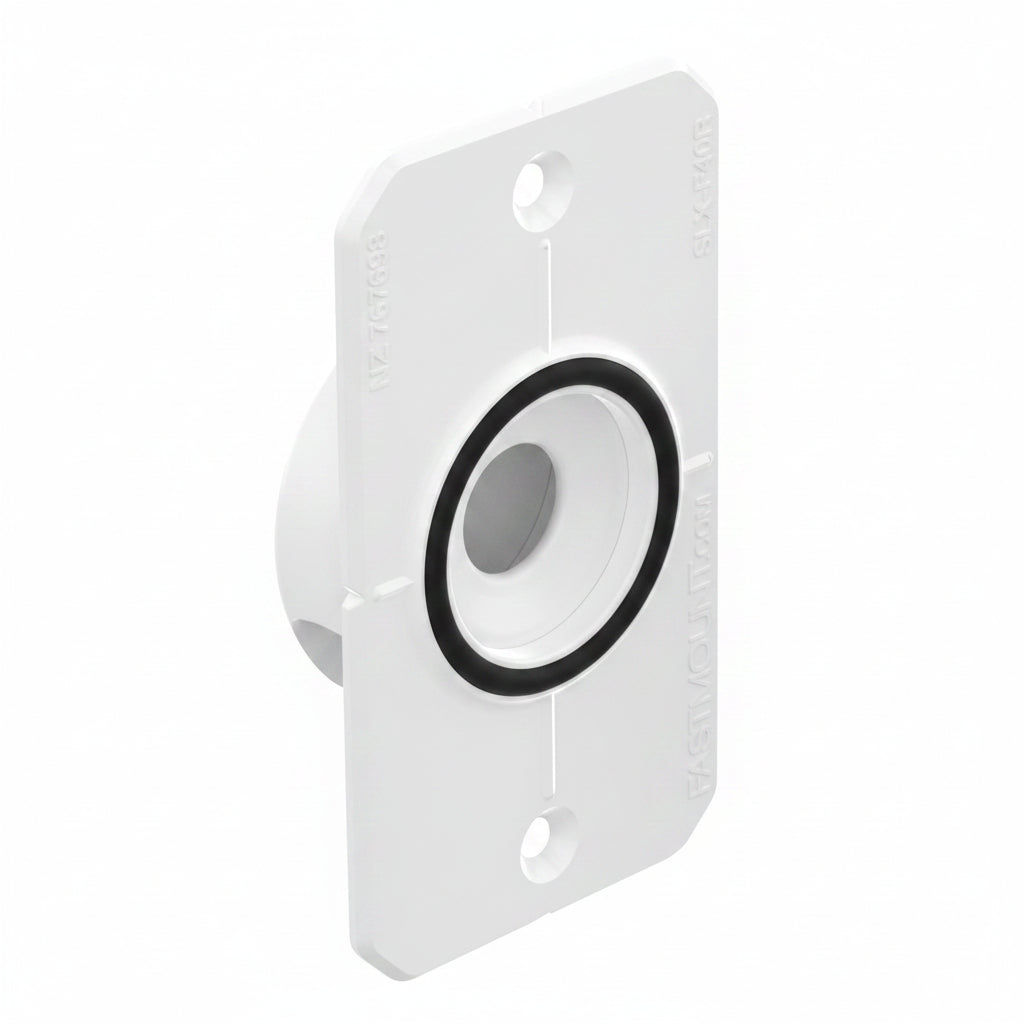 FASTMOUNT STRATLOCK SLX Buchse NZSLXF40R – Seitenansicht, versenkte Montage für Gipskarton, weiß mit schwarzem O-Ring
