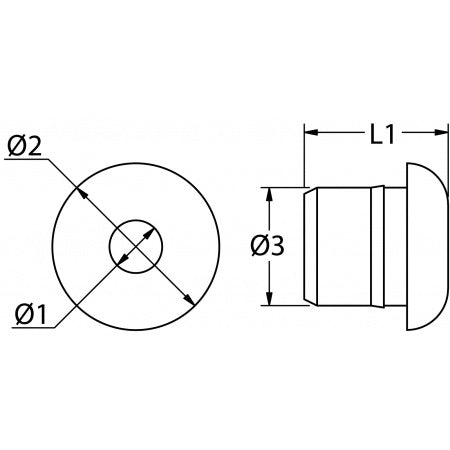 BLUE WAVE Seilbuchse aus Nylon – technische Zeichnung mit Maßangaben Ø1 (Innendurchmesser), Ø2 (Flanschdurchmesser), Ø3 (Schaftdurchmesser) und L1 (Gesamtlänge)
