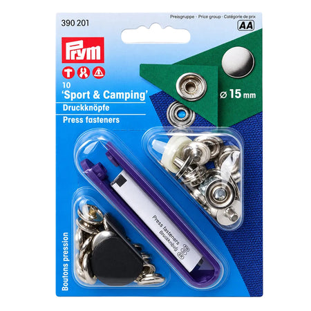 PRYM PR390201 Sport & Camping Druckknöpfe aus vernickeltem Messing, Ø 15 mm, SB-Packung mit 10 Stück und blauem Montagewerkzeug